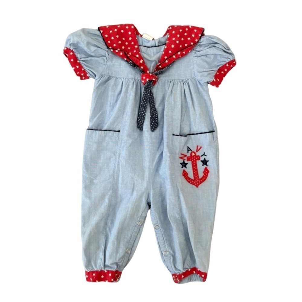 Vintage Kids Navy Patriotic 4th of July Denim Romper Size 18 Months